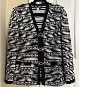 St. John Evening by Marie Gray Knit Jacket Black Silver Metallic Stripe Size 10